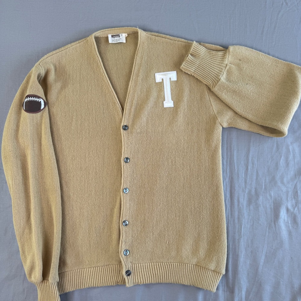 Vintage Montgomery Ward Letterman Cardigan Sweater Medium‎ Football Patch Mens